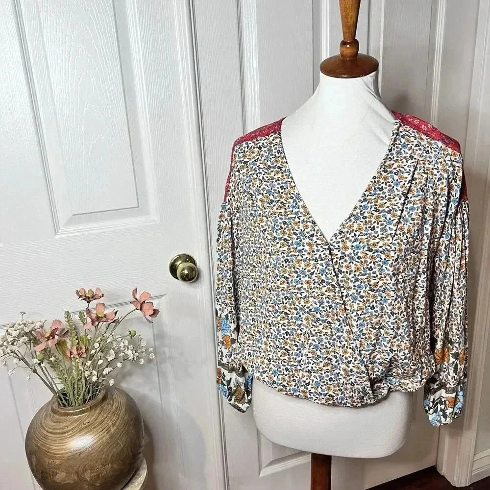 In loom Womens Faux Wrap Floral Colorblock Blouse Size S Boho Cottage Hippie